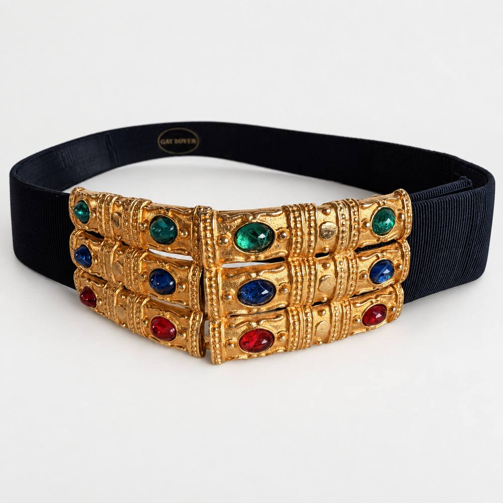Vintage Gay Boyer NY Statement Belt Chunky Gold Colorful Cabochon Cinch Elastic